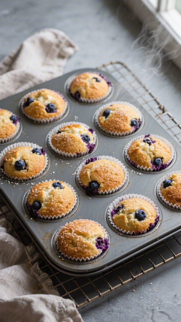 Overhead shot of a 12-cup muffin tin just pulled from the oven, golden blueberry cottage cheese muff