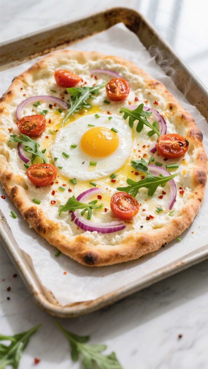 Overhead shot of a freshly baked Cottage Cheese Breakfast Flatbread Pizza on a preheated sheet pan, 