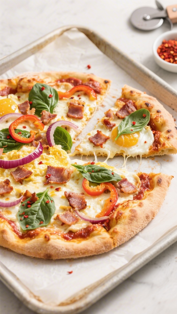Overhead shot of a freshly baked High Protein Breakfast Pizza on a parchment-lined sheet pan, golden