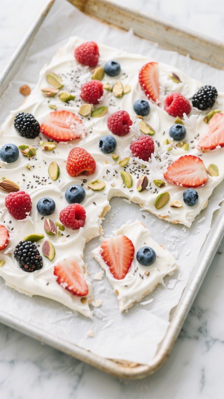 Overhead shot of a freshly frozen sheet of Berry Greek Yogurt Bark on parchment-lined sheet pan, sna
