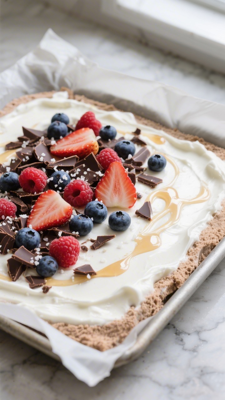 Overhead shot of a parchment-lined baking tray just after assembly, showing an even, thinly spread l