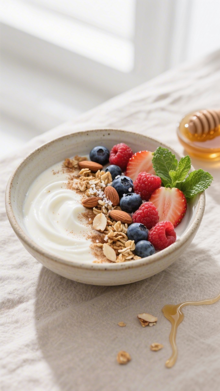 Overhead shot of a prepared Berry Crunch Greek Yogurt Breakfast Bowl mid-assembly: a ceramic bowl wi