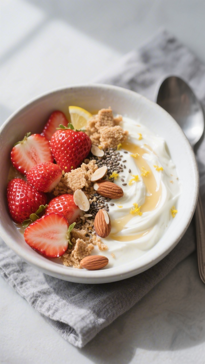 Overhead shot of a prepared Strawberry Cheesecake Greek Yogurt Breakfast Bowl just after assembly: t