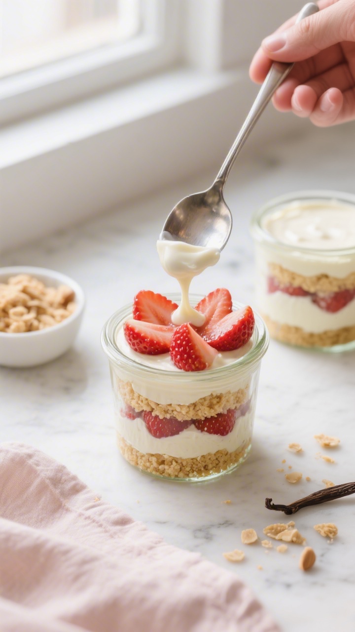 Overhead shot of assembled no-bake strawberry shortcake cups during layering: a clear glass jar mid-
