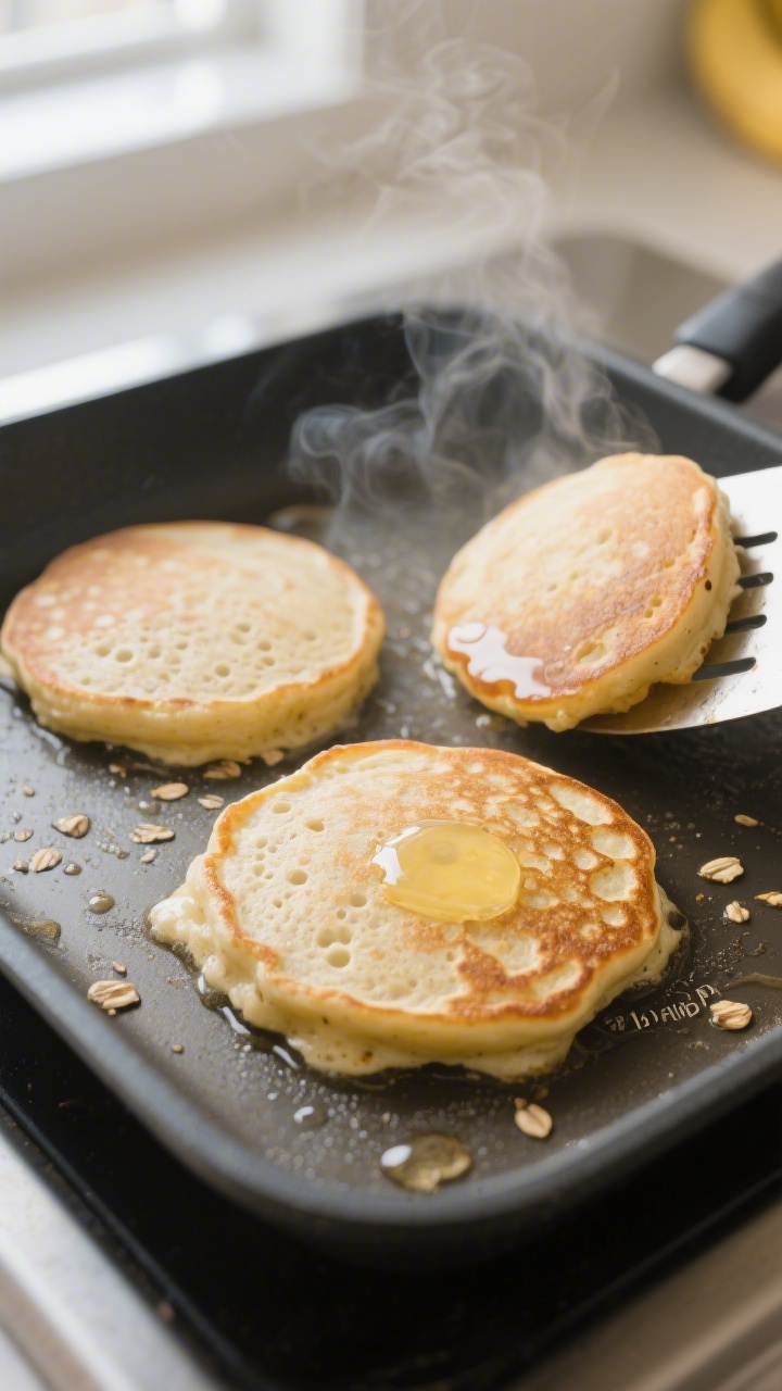 Overhead shot of banana protein pancakes cooking on a nonstick griddle: three 1/4-cup rounds at the 