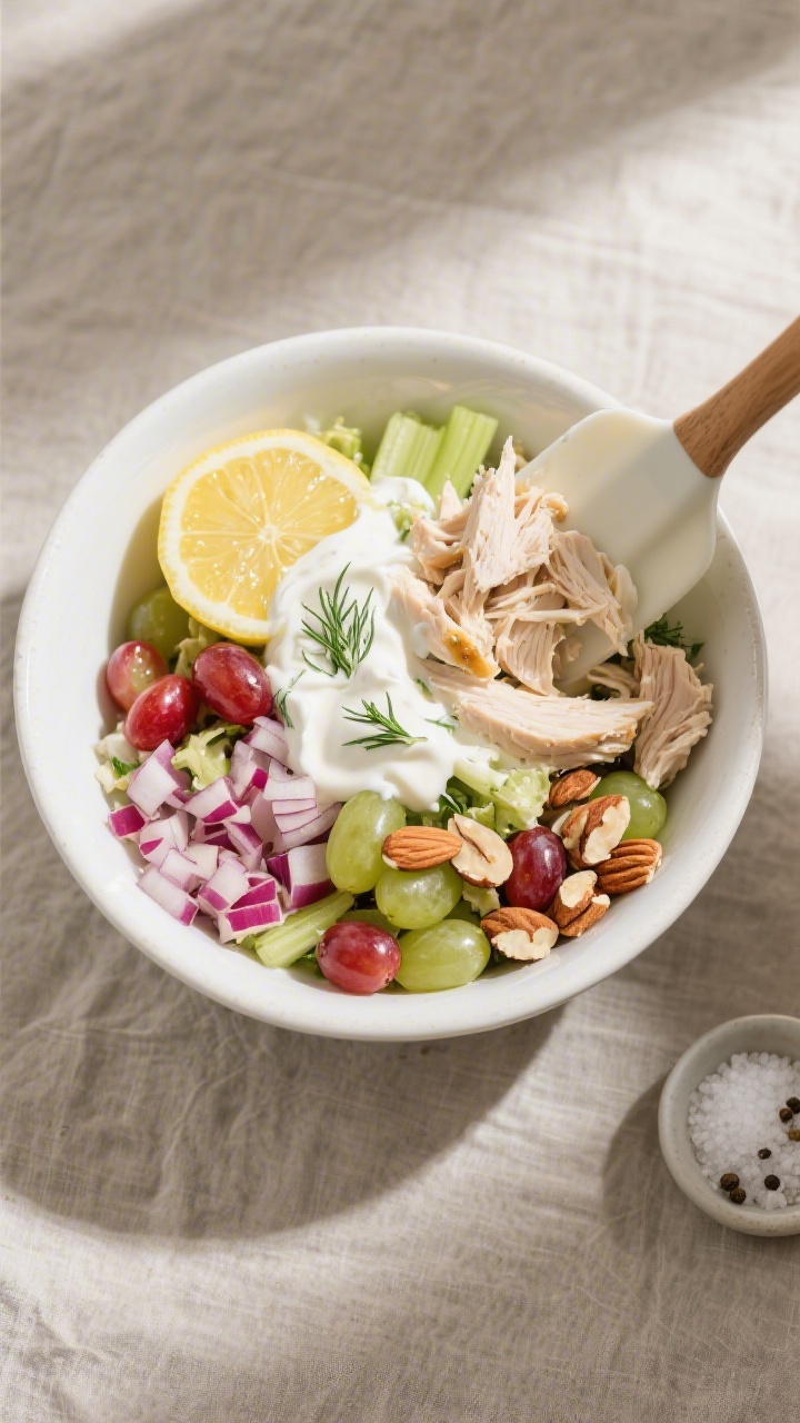 Overhead shot of creamy Greek Yogurt Chicken Salad being mixed: a large white ceramic bowl with the