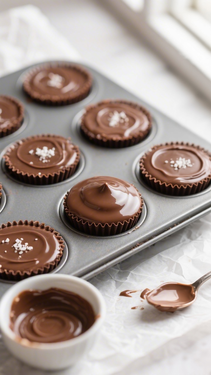 Overhead shot of freshly assembled protein peanut butter cups in a lined muffin tin right after seal