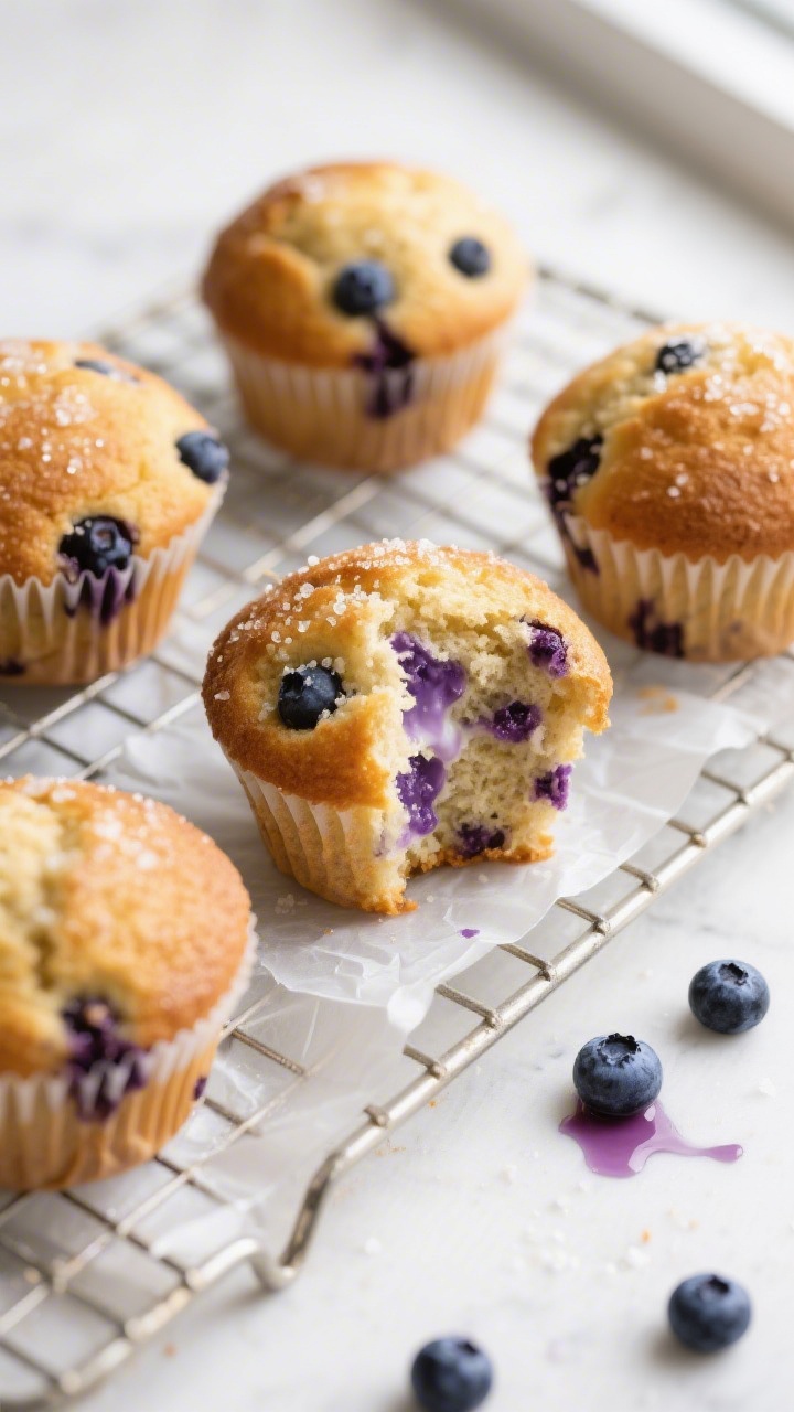 Overhead shot of freshly baked blueberry Greek yogurt muffins cooling on a wire rack, golden domed t