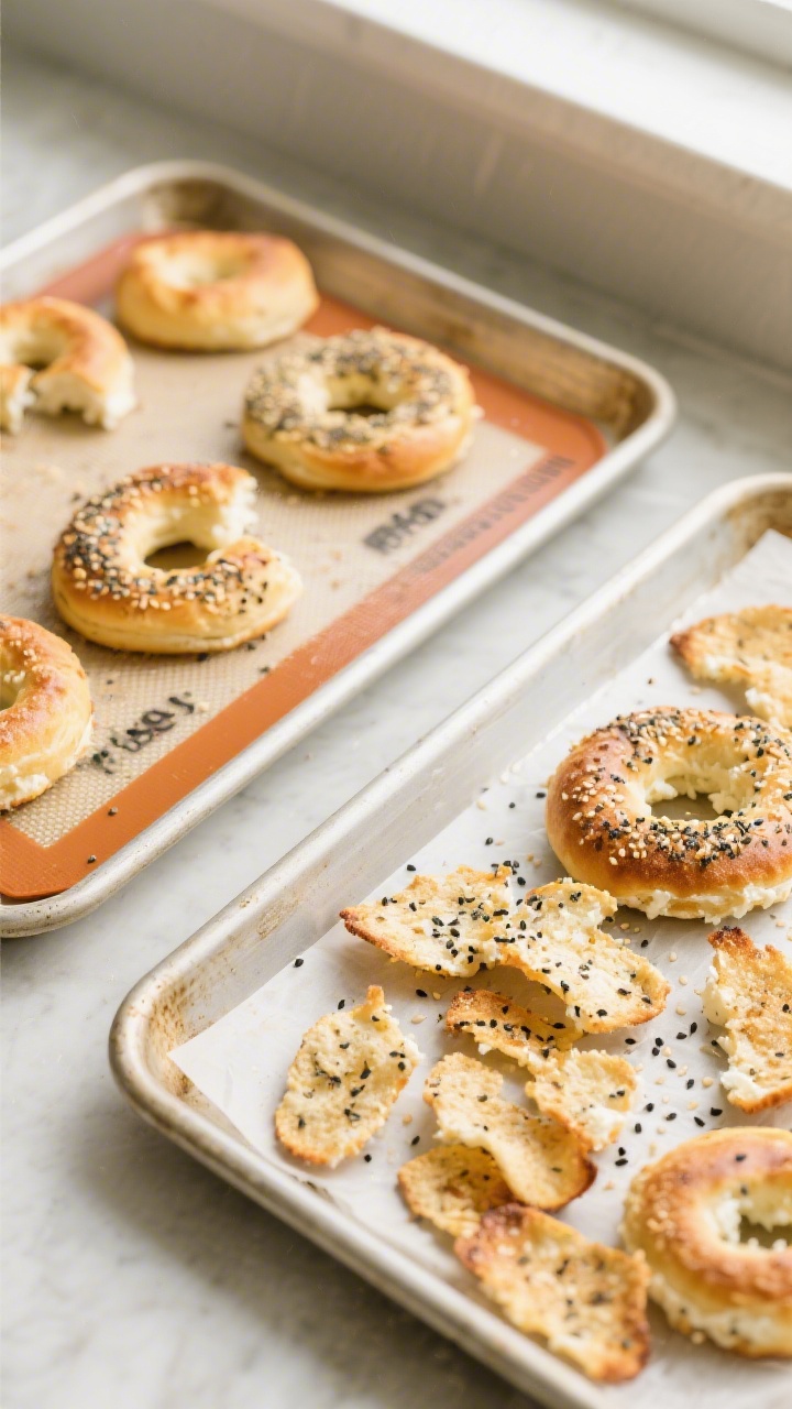 Overhead shot of freshly baked cottage cheese bagel chips cooling on two parchment-lined sheet pans,