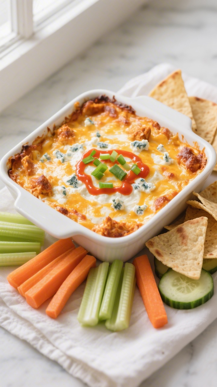 Overhead shot of freshly baked Cottage Cheese Buffalo Chicken Dip in an 8x8 white ceramic baking dis
