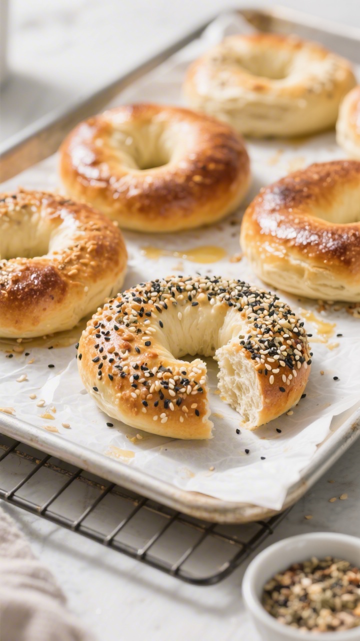 Overhead shot of freshly baked Greek yogurt bagels on a parchment-lined baking sheet, still warm fro