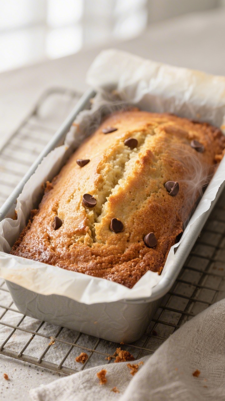 Overhead shot of freshly baked Greek Yogurt Banana Bread just out of the oven in a parchment-lined 9