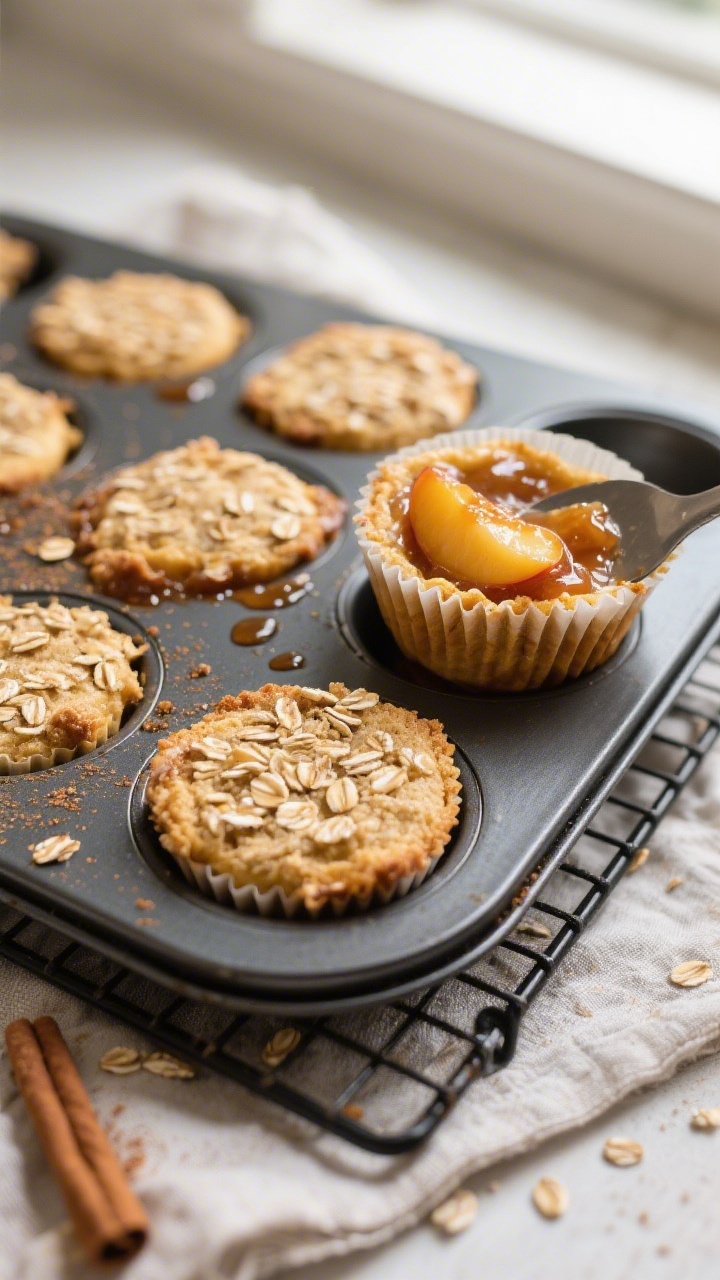 Overhead shot of freshly baked High Protein Peach Cobbler Cups still in the muffin tin, golden, ligh