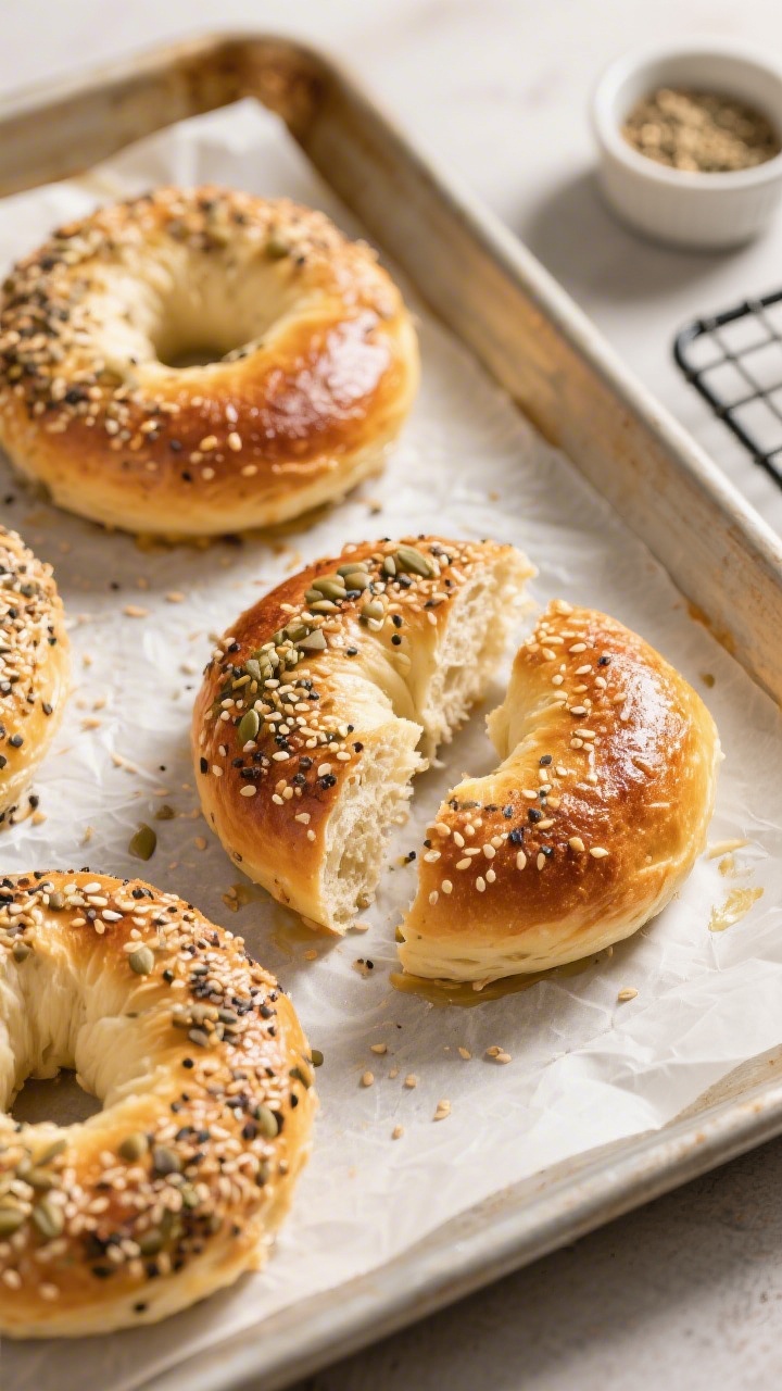 Overhead shot of freshly baked protein bagels on a parchment-lined baking sheet, golden and puffed w