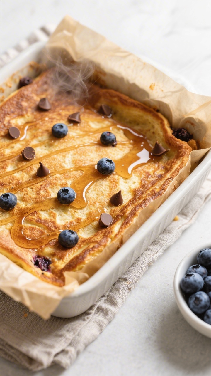 Overhead shot of freshly baked protein pancake casserole just out of the oven in a 9x9 parchment-lin