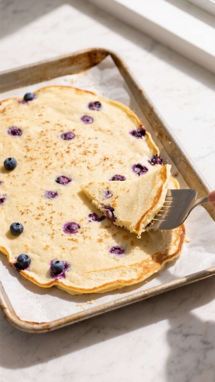 Overhead shot of freshly baked sheet pan protein pancakes just out of the oven, golden edges and a u