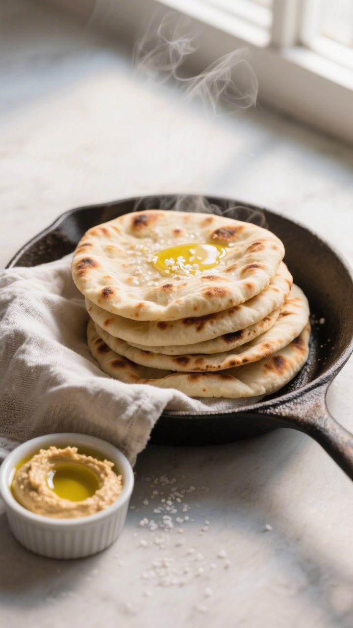 Overhead shot of freshly cooked Greek yogurt flatbreads stacked and kept warm in a folded linen towe