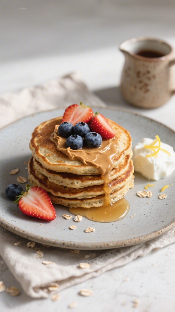 Overhead shot of freshly cooked Kodiak-style protein pancakes on a matte stoneware plate: a neat sta