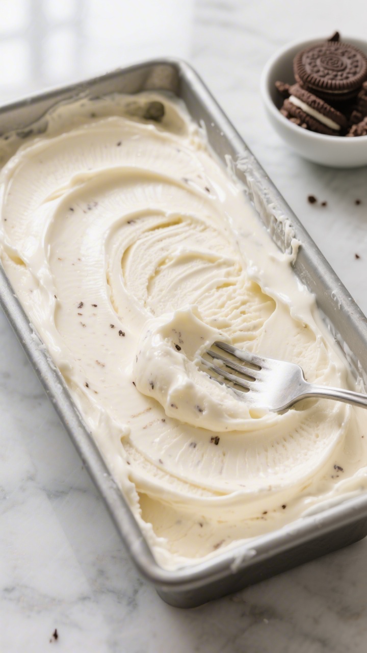 Overhead shot of high-protein vanilla ice cream mid-freeze in a shallow metal loaf pan, showing the 
