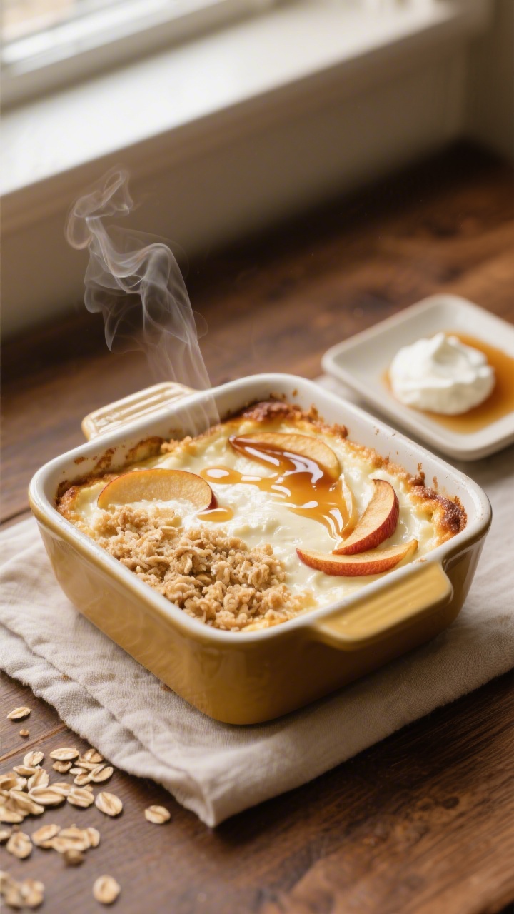 Overhead shot of the Apple Pie Cottage Cheese Breakfast Bake just out of the oven in an 8x8 ceramic 