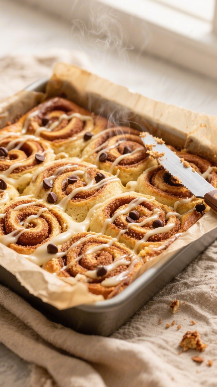 Overhead shot of the baked and cooled Cinnamon Roll Protein Breakfast Bake in an 8x8 parchment-lined