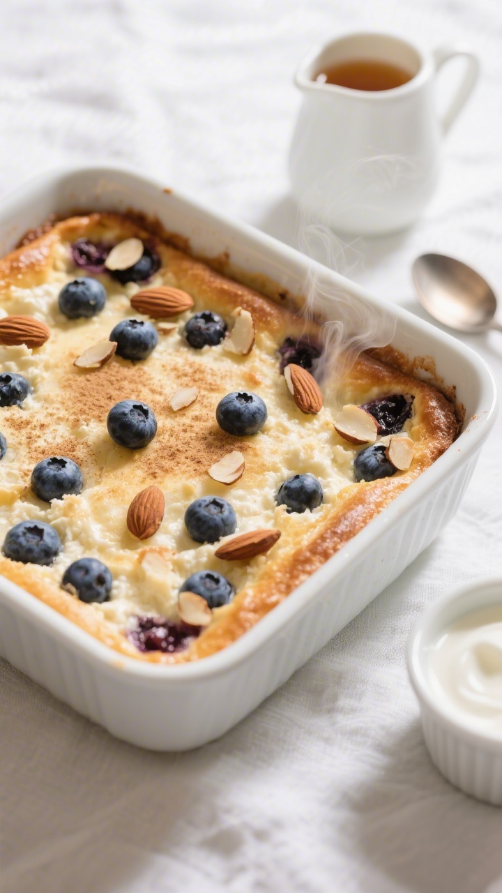 Overhead shot of the baked Blueberry Cottage Cheese Breakfast Bake just out of the oven in an 8x8-in