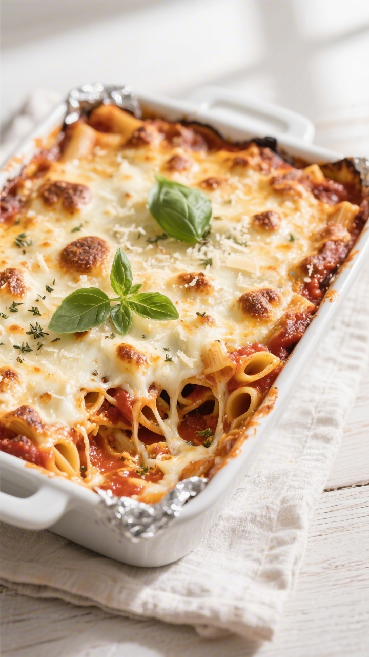 Overhead shot of the baked ziti just out of the oven, foil removed, showing a bubbly, lightly golden