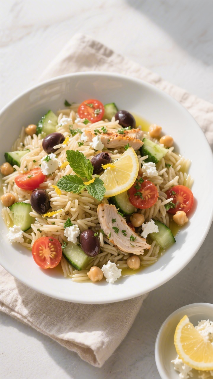 Overhead shot of the finished High Protein Mediterranean Orzo Salad in a wide, shallow white bowl: g