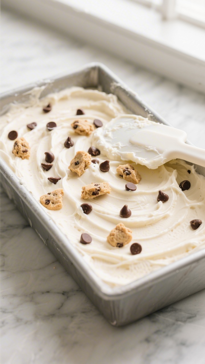 Overhead shot of the no-churn cottage cheese cookie dough ice cream just after combining, in a metal