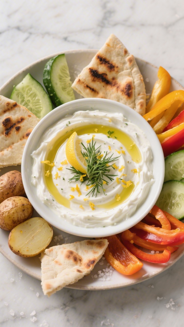 Tasty top view final presentation: Overhead shot of the finished creamy garlic Greek yogurt dip serv