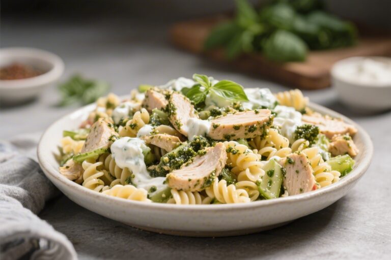 High Protein Chicken Pesto Pasta Salad (Greek Yogurt Based)