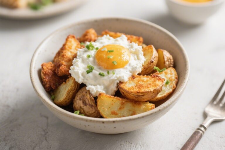 Crispy High Protein Breakfast Potato Bowl (with Cottage Cheese Sauce)