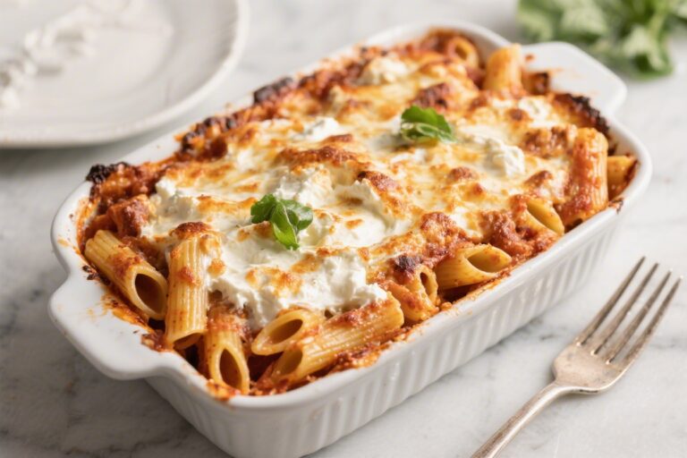 High Protein Baked Ziti with Greek Yogurt Ricotta