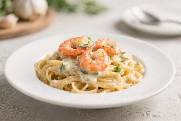 High Protein Creamy Garlic Shrimp Pasta (Under 500 Calories)