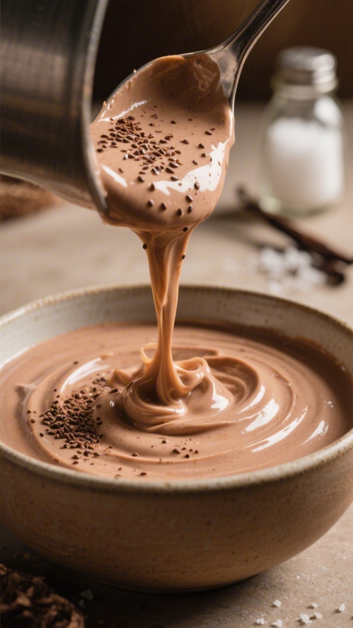 Close-up, capture of the blended pudding being spooned into a bowl from a mixing vessel, showing thi