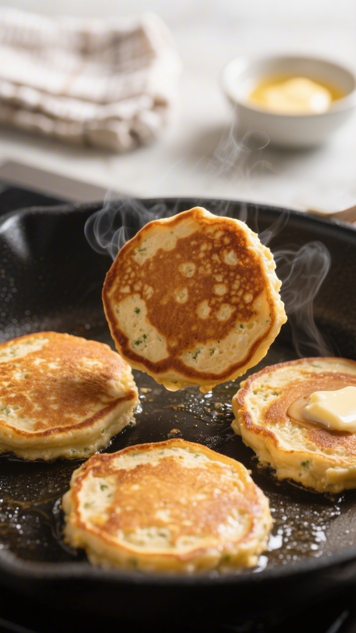 Close-up cooking process: A trio of Pumpkin Cottage Cheese Pancakes sizzling on a matte black nonsti