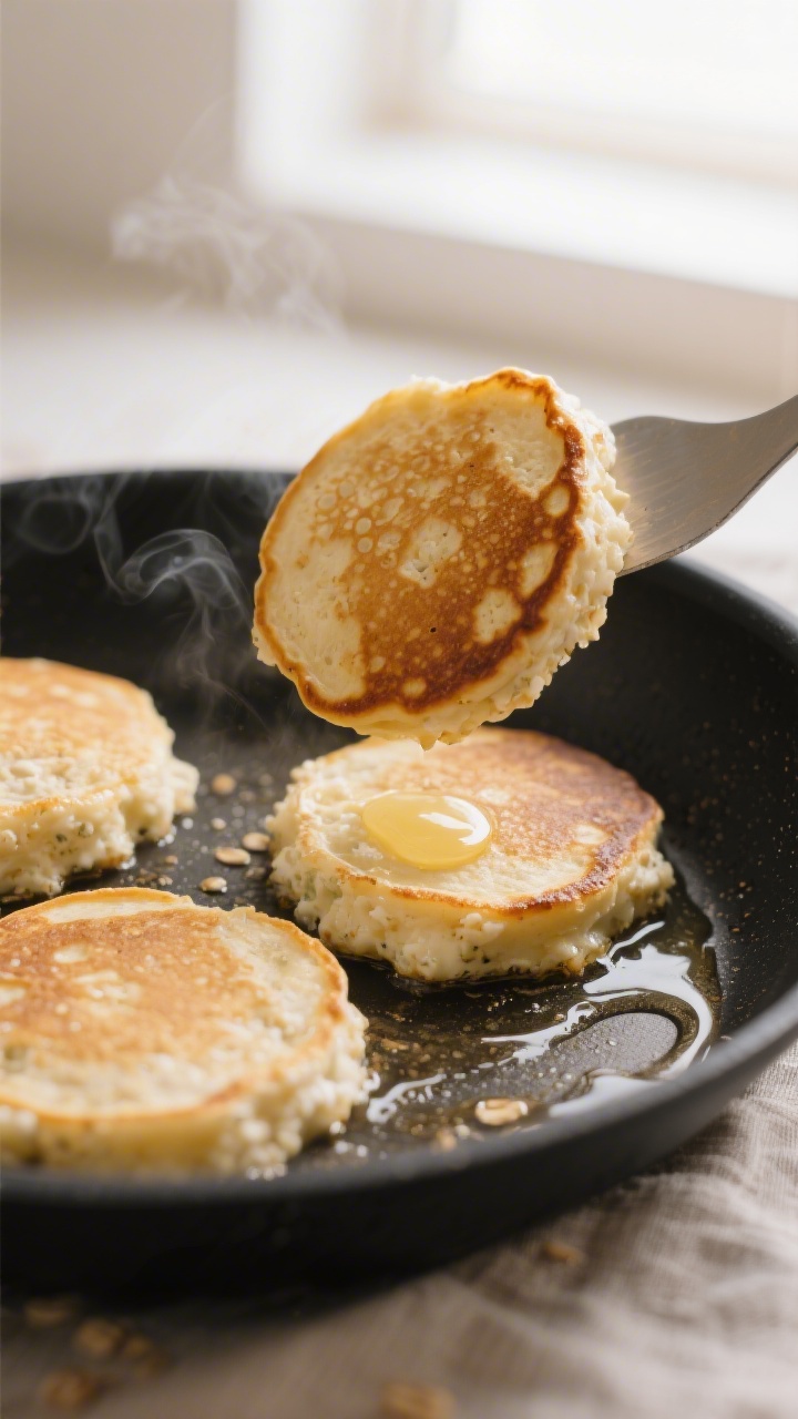 Close-up cooking process: Small, golden cottage cheese pancakes sizzling on a nonstick skillet over