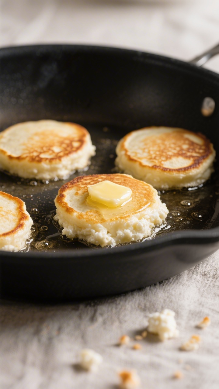 Close-up cooking process: Small keto cottage cheese pancakes sizzling in a buttered nonstick skillet
