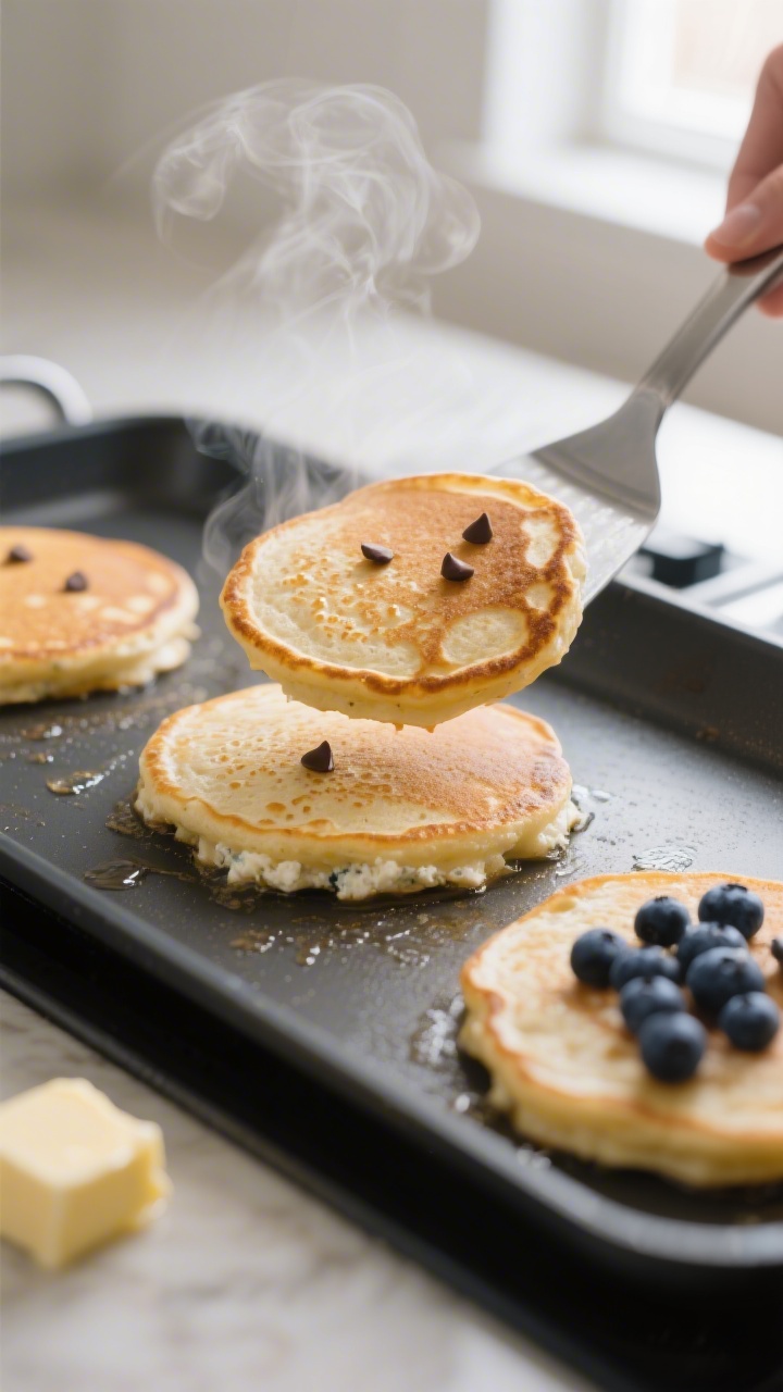 Close-up detail and cooking process: Fluffy cottage cheese protein pancakes on a nonstick griddle mi