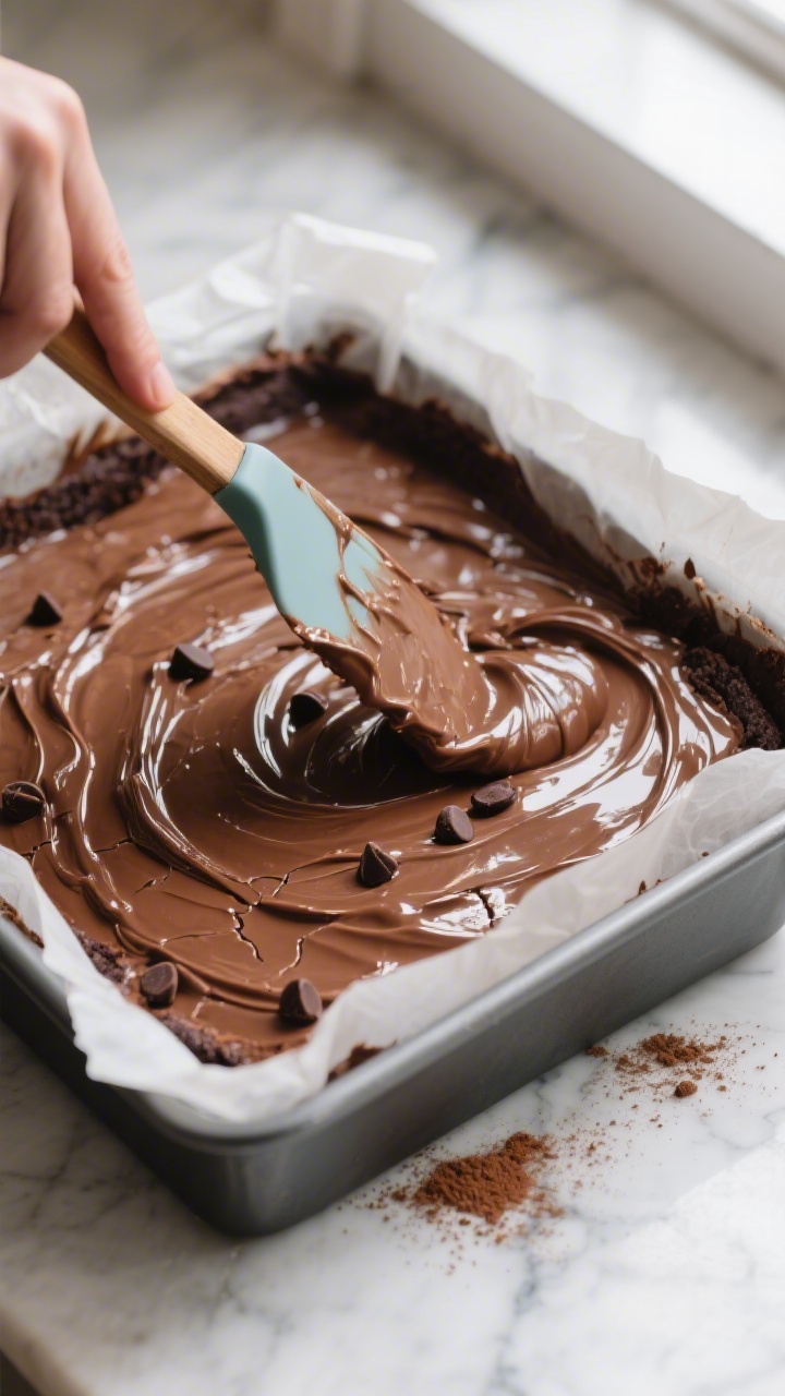 Close-up detail and process: Fudgy Greek yogurt brownie batter being smoothed into a parchment-lined