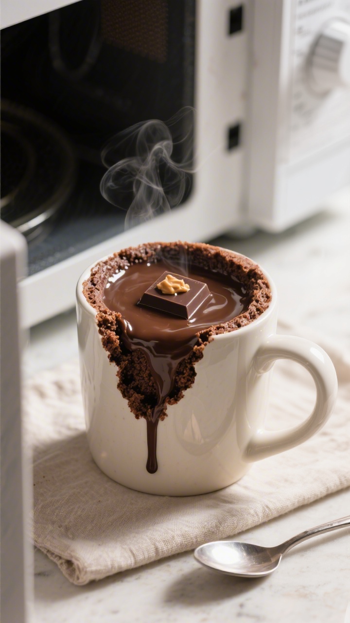 Close-up detail, cooking process: A large 12 oz ceramic mug in a microwave just opened, revealing a 