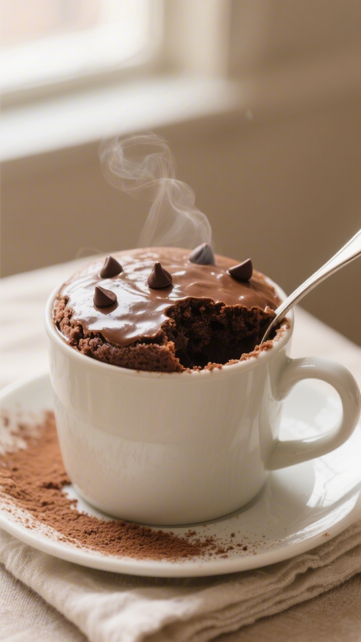 Close-up detail, cooking process: A microwave-safe 12-ounce ceramic mug filled with glossy, just-coo