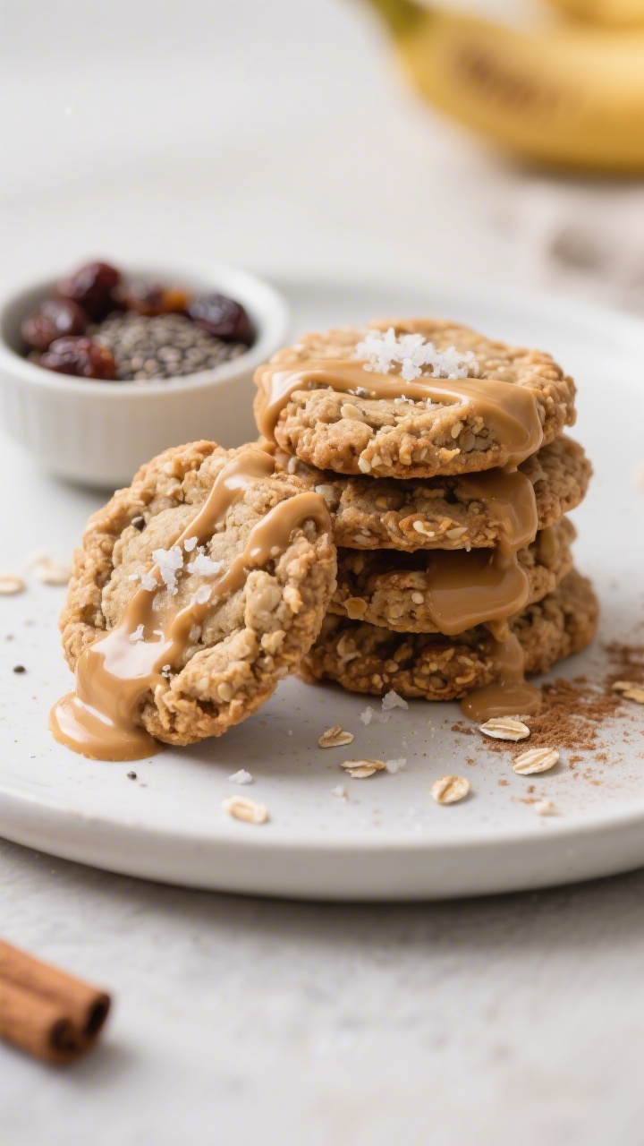 Close-up detail of a final plated stack of banana peanut butter breakfast cookies on a matte white p