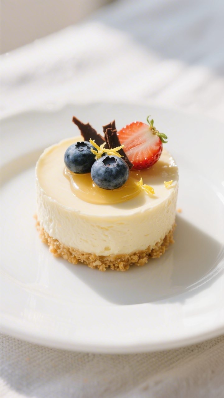 Close-up detail of a single chilled protein cheesecake cup unwrapped and plated, creamy set filling 