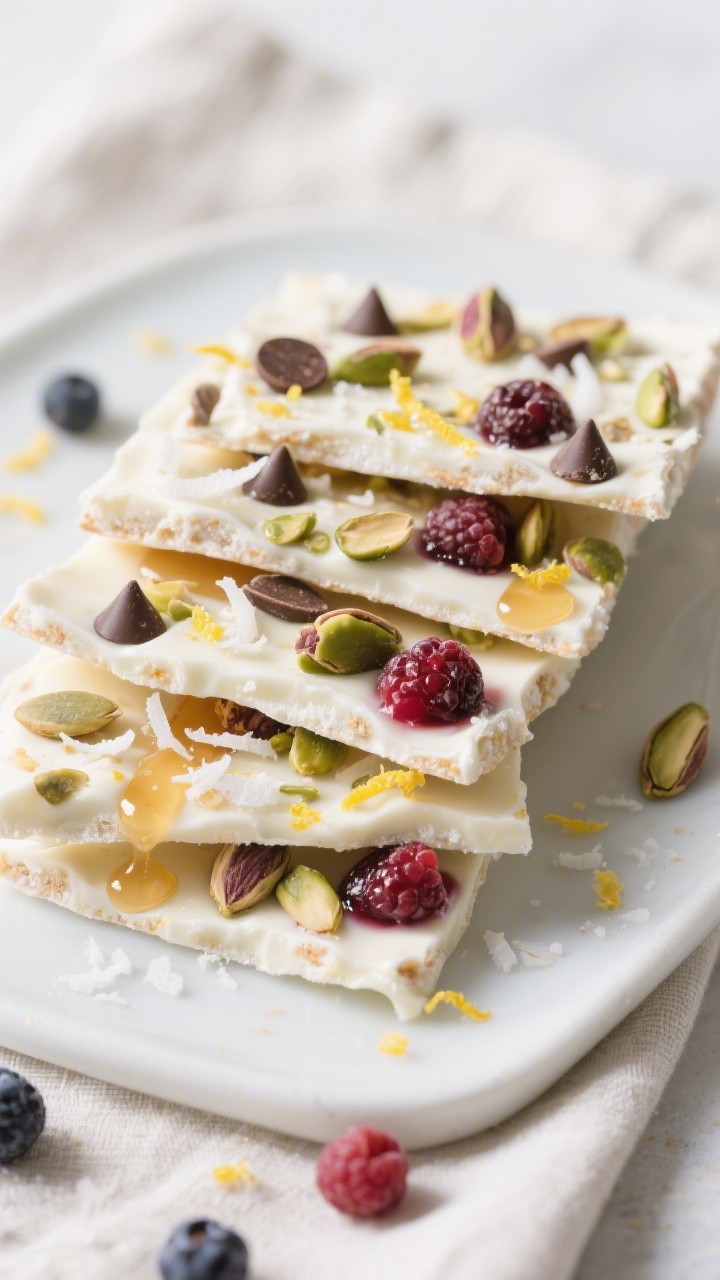 Close-up detail of finished Greek yogurt bark pieces plated for serving on a matte white platter, st