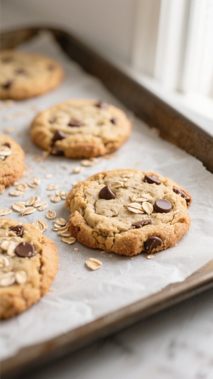 Close-up detail of freshly baked banana oatmeal cookies just out of the oven on a parchment-lined ba