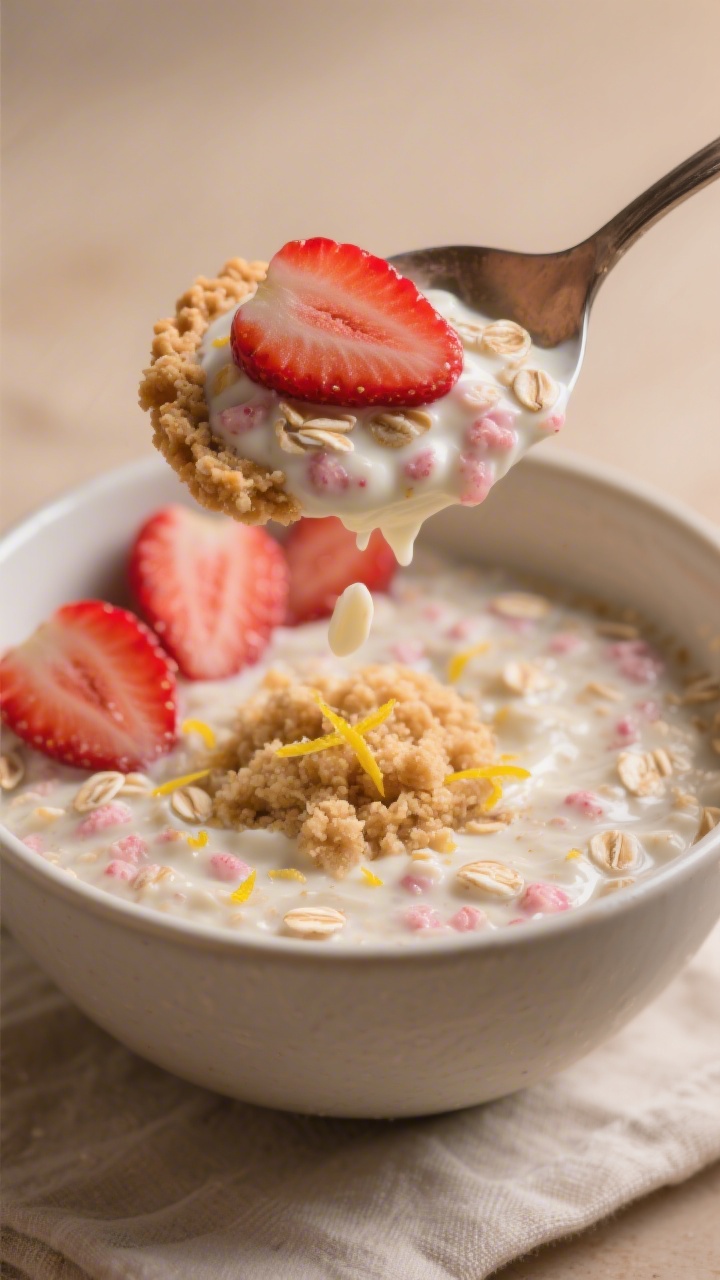 Close-up detail of the final serving of strawberry cheesecake overnight oats presented in a low, wid