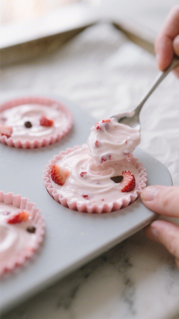 Close-up detail, process shot: A silicone mini muffin mold filled with smooth strawberry-speckled Gr