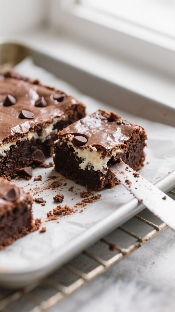 Close-up detail shot: A just-cut square of cottage cheese brownies with a glossy, crinkly top and ul