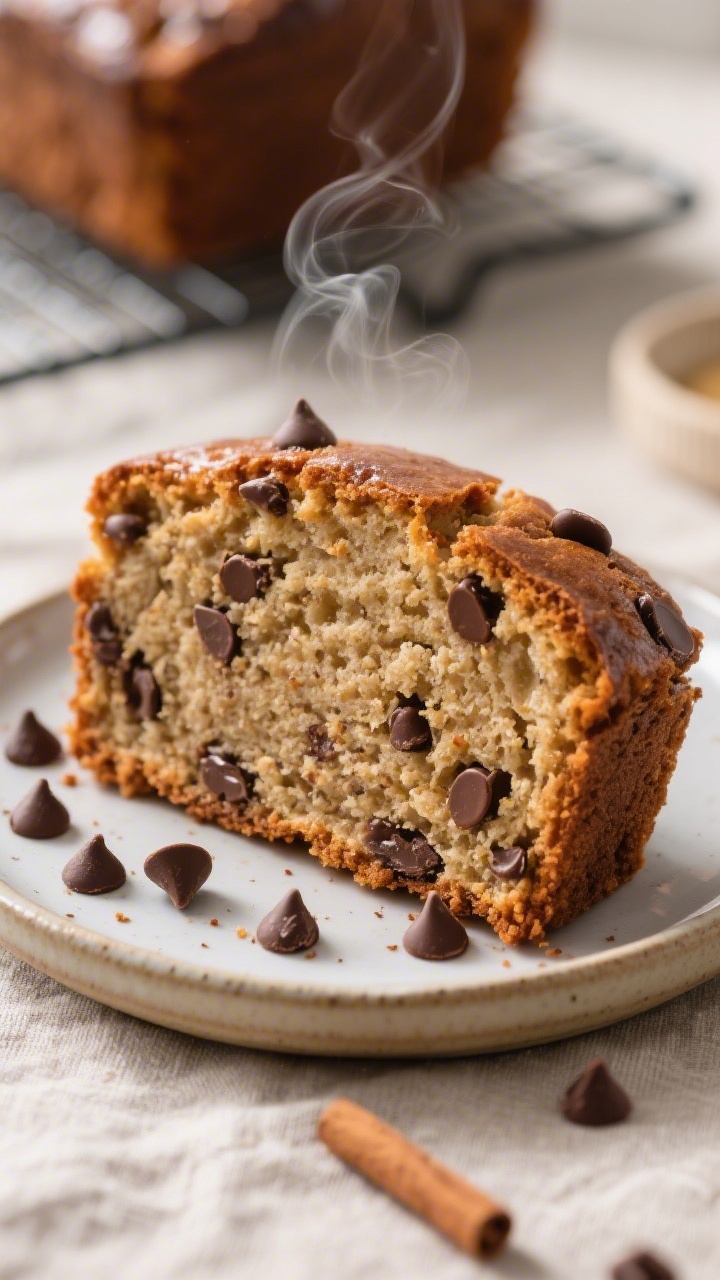 Close-up detail shot of a freshly baked slice of moist chocolate chip protein banana bread on a smal